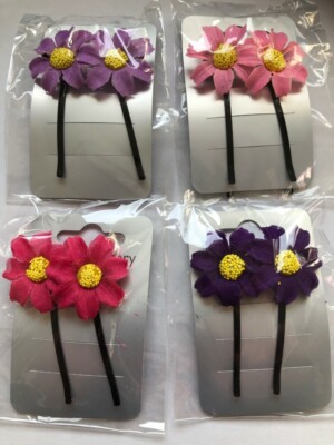 2 x Stoff Blume Gänseblümchen Haarspangen Kirby Griffe Haarnadeln rosa flieder lila A163