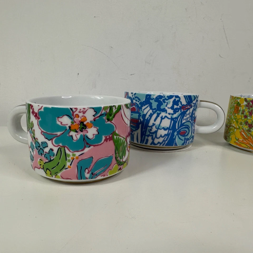 Lilly Pulitzer 4 штабелируемые кофейные эспрессо чайные чашки в золотистой подставке для контейнеров - Изображение 4 из 4