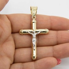 2 1/4" Jesus Crucifix Cross Tube Pendant Real 10K Yellow White Gold