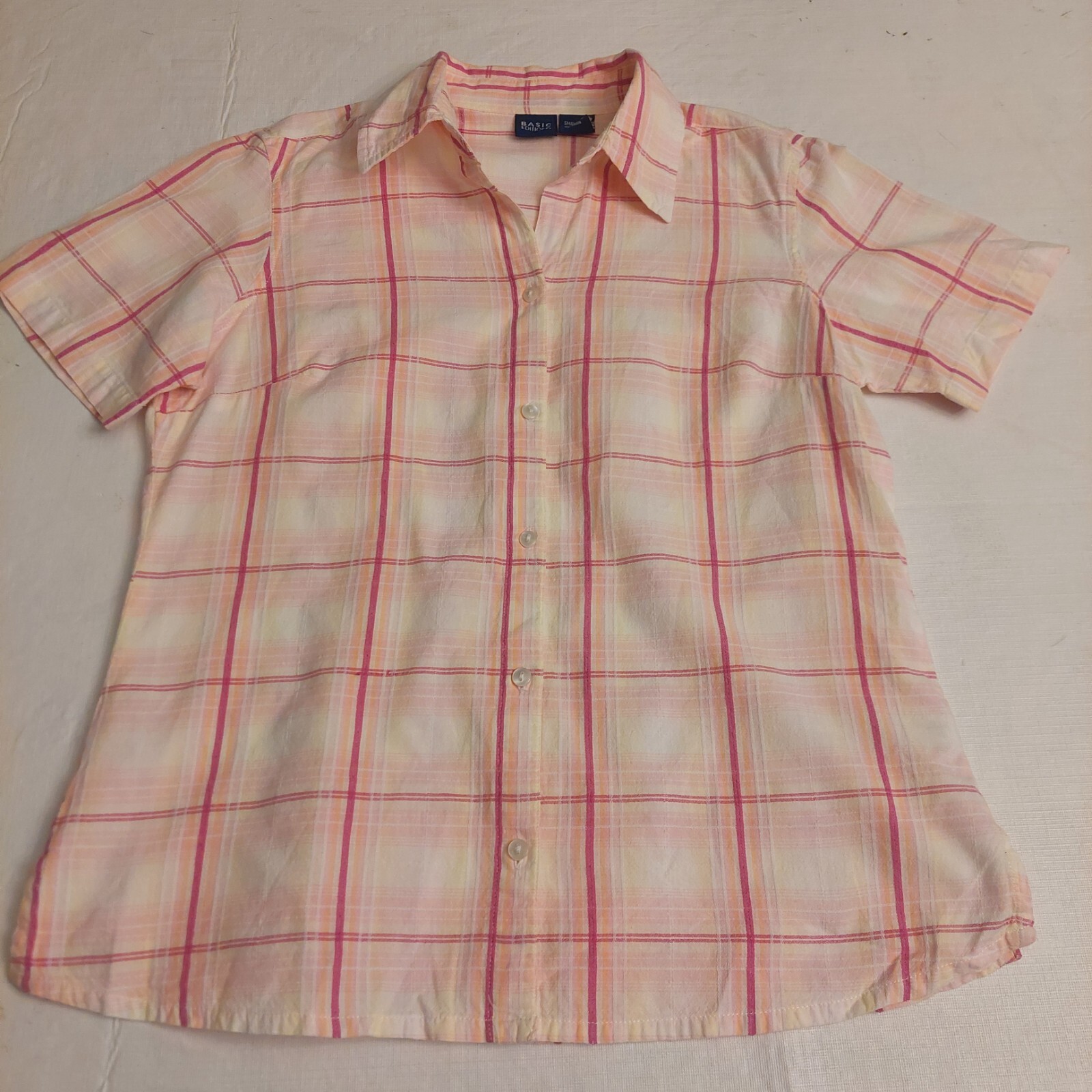 Basic Editions Pink Orange Plaid Short Sleeve But… - image 3