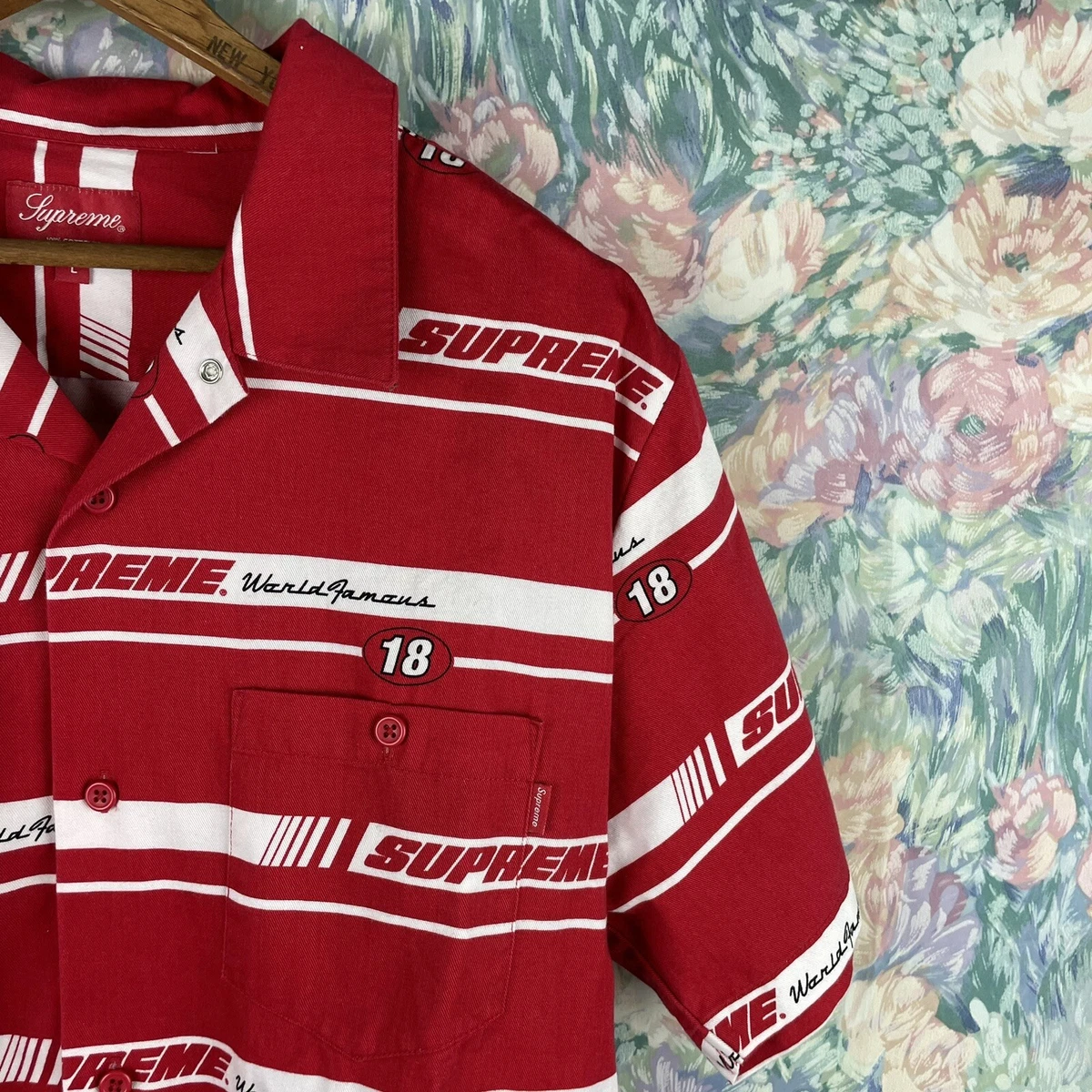 Supreme Striped Racing Work Shirt FW18 Red Hype Streetwear Very