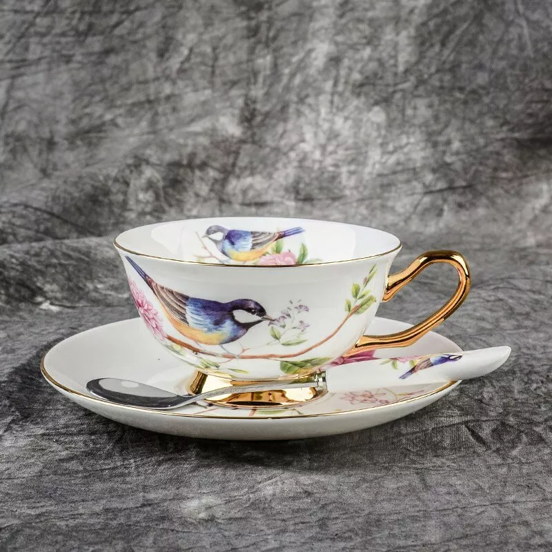 Teacup Tea set Tea Cup Flower Bird Ceramic Tea Cup Saucer Spoon Set Coffee  Cup