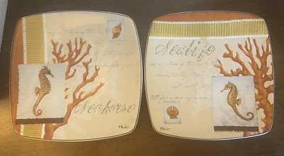 Set of 2 Casa Moda by Paul Brent square 8'' plates brown AQUARIUS seahorses ocean