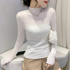 Maglietta Slim Fit In Pizzo Con Rouché In Rete Manica Lunga