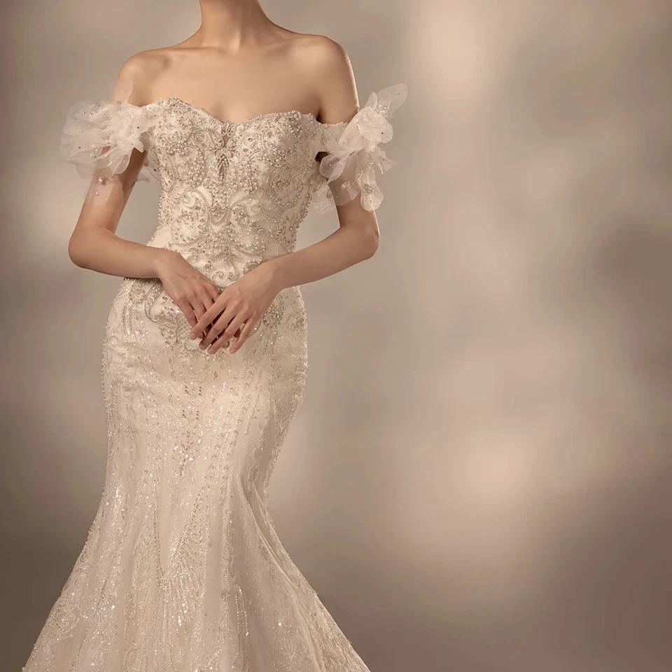 Роскошные свадебные платья русалки с высоким воротником серные манжеты с блестками свадебные платья - Изображение 3 из 4