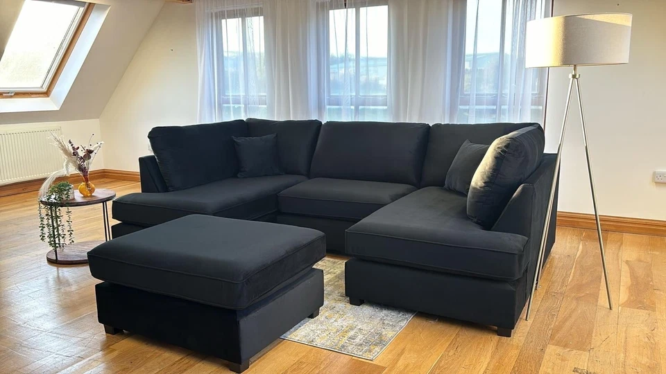 Luxe Range U Shape Cinema Sofa Velvet Grey Black NEW Corner