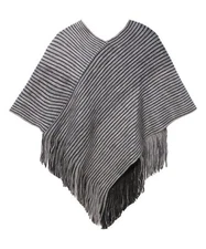 Women's Gray Black Striped Knit Poncho Fringe Hem One Size Cozy Cape Shawl