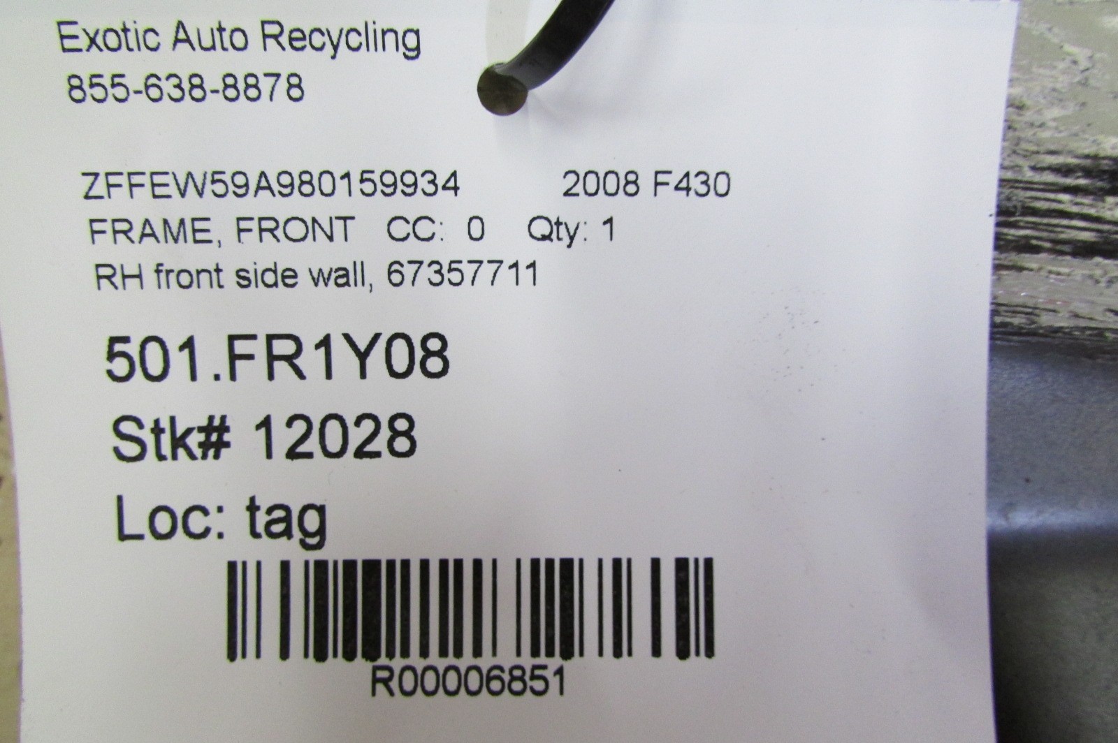 Ferrari F430 RH, Right Side Wall, Trunk Wall, Used, P/N 67357711