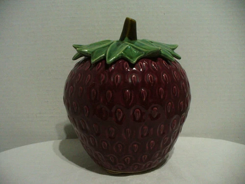 Vtg McCoy Pottery Strawberry Cookie Jar Dark Red