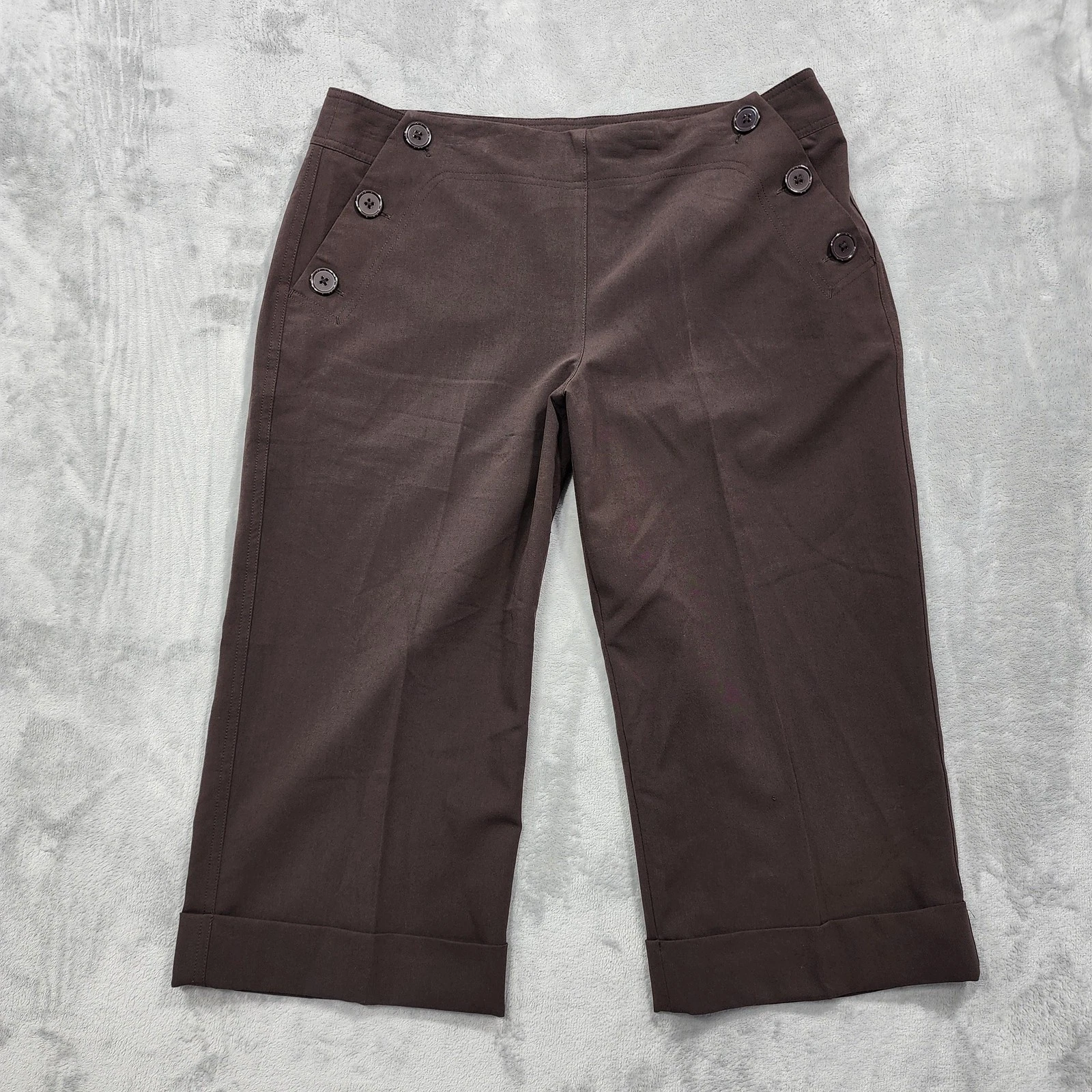 Vintage Larry Levine Pants Womens 12P PETITE Brown Cuffed Capri Straight Stretch