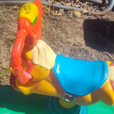 Fisher-Price Child Size Plastic Rocking Horse Ride-On Toy Blue Saddle Green Base