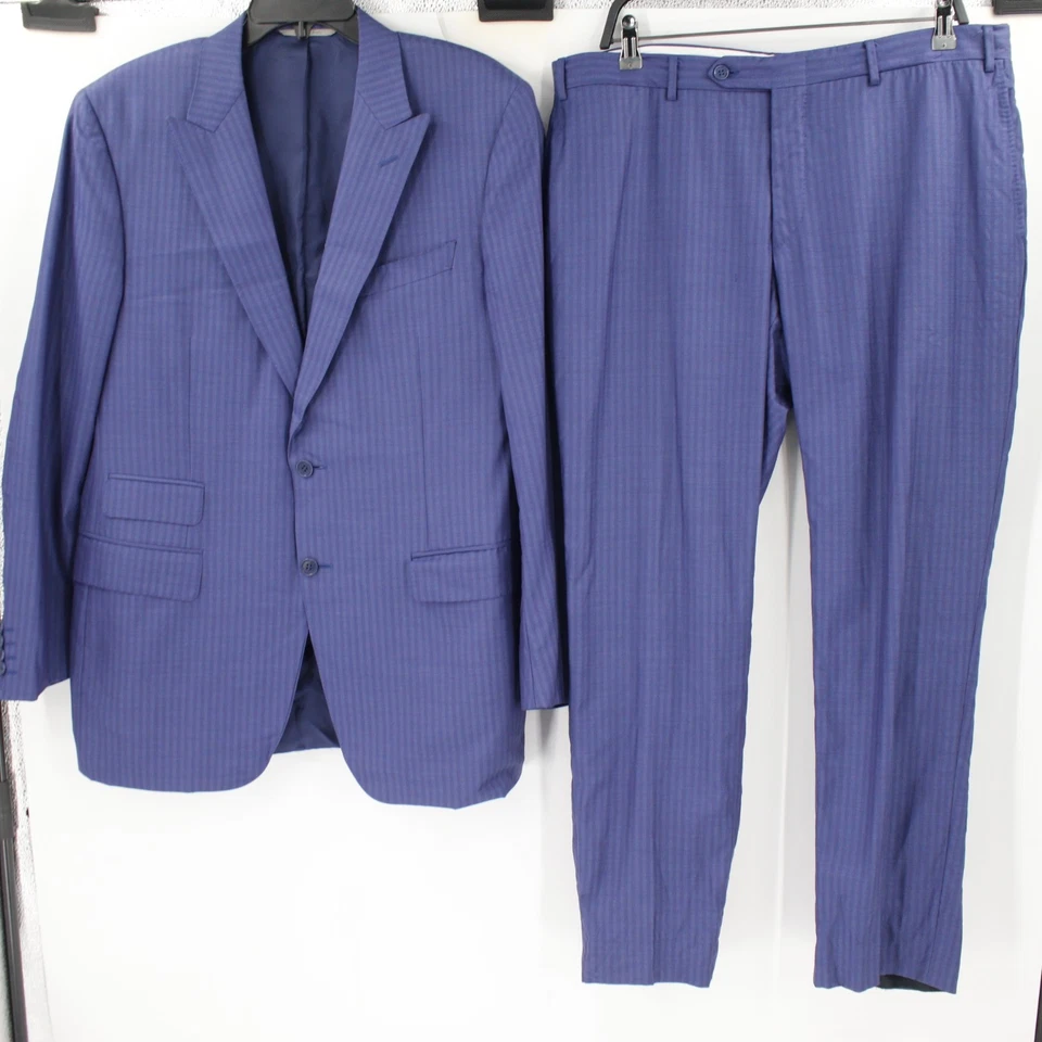 Canali 1934 suit Mens 44R 37x29 blue striped peak lapel wool flat front modern - Image 2 of 4