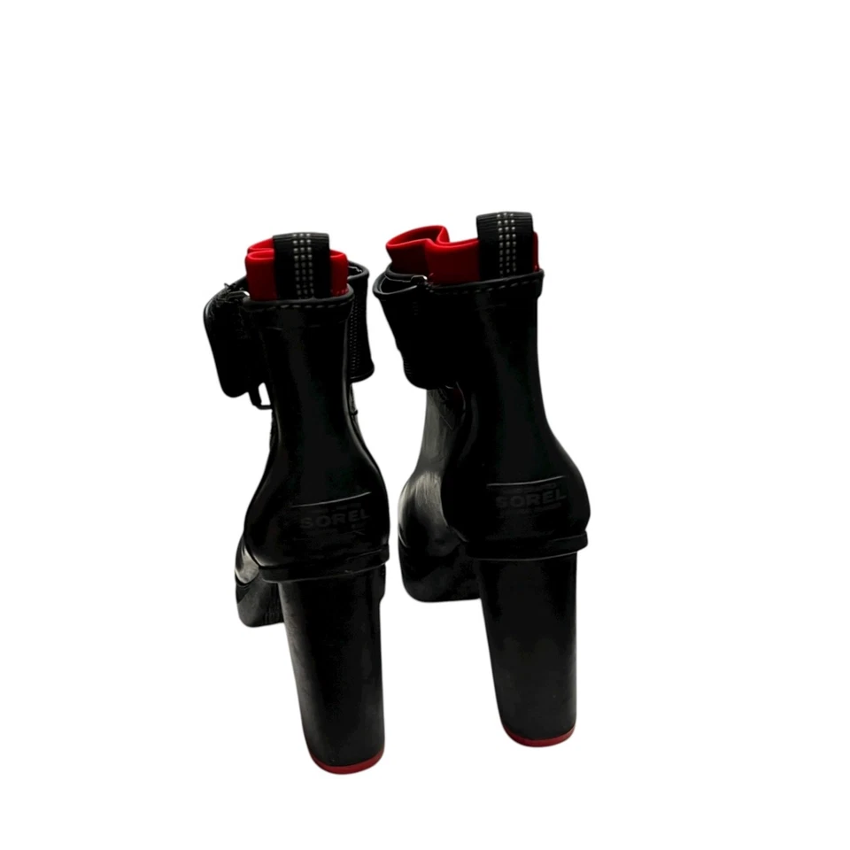 Bota de lluvia Sorel Medina III negra plataforma tacón alto para mujer talla 7 acento rojo Foto 4 de 4