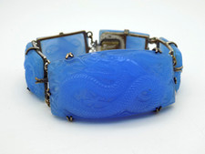 Antique Light Blue Molded Glass Panel Bracelet Dragon Asion Motif Czech?