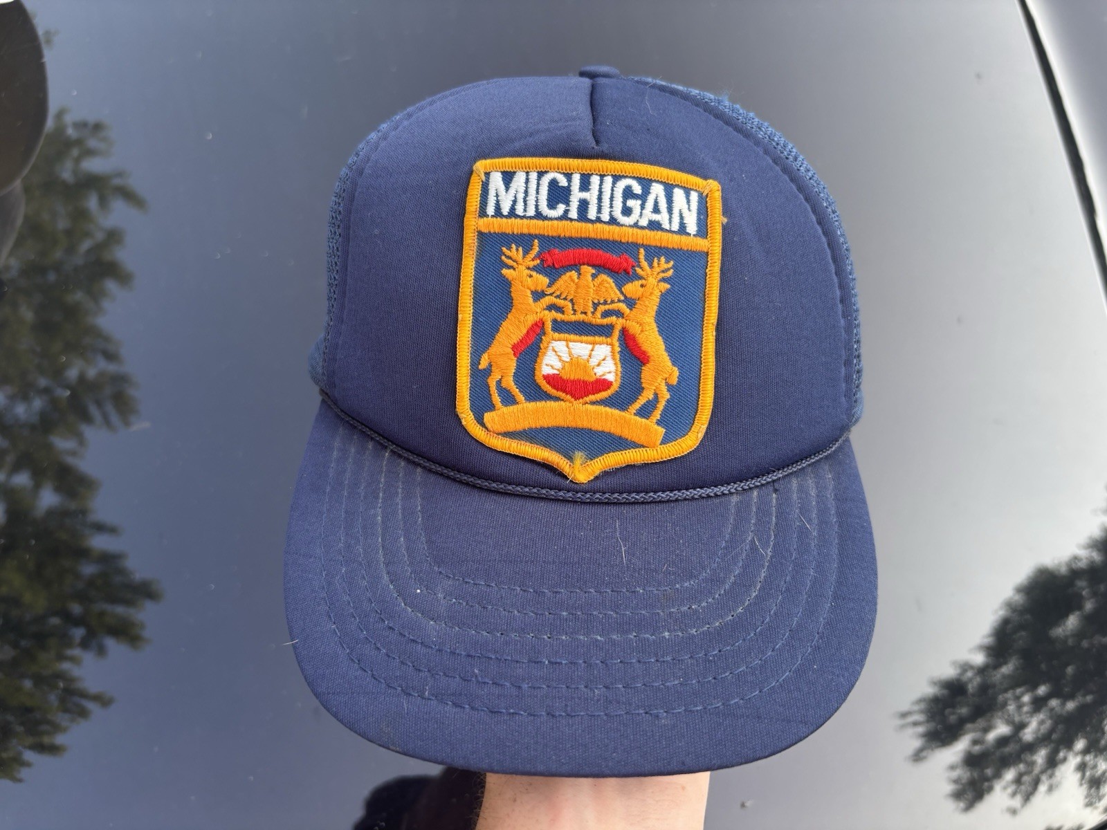 Vintage 80s Michigan Coat Of Arms Snapback Trucker Hat Blue Mesh Cap
