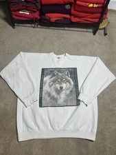 Vtg 90s National Parks Wolf Graphic Crewneck White Tultex Sweatshirt XL USA Made