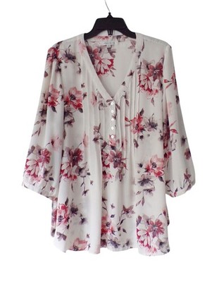 1X No Wrinkle Rose + Olive Beige Red Gray Floral Pintuck Blouse Top
