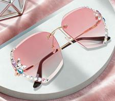 Pink Rimless Sunglasses with Gemstones, Diamond-Cut Lens Glamorous Sun Glasses