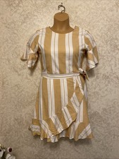 Express Faux Wrap Dress. Mustard Yellow And White Striped Ruffle. Size Small