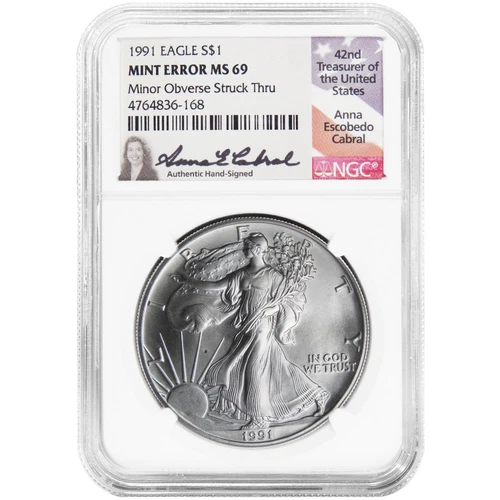 1991 $1 1-oz American Silver Eagle NGC MS69 Mint Error Obverse Struck Thru An...