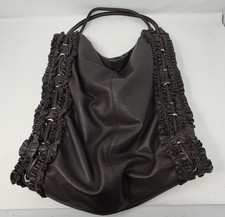 Y2K DKNY Brown Leather Ruffle Trim Oversized ...