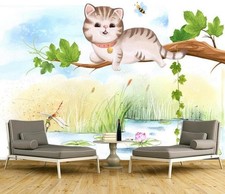 Carta da parati 3D disegnata a mano gatto R2060 murale autoadesiva rimovibile Kay