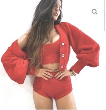 NWOT For Love  Lemons Women's Cropped Fuzzy Cardigan Sweater Puffy Sleeves Sm