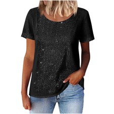 Ladies Glitter Sequin Tops Party Short Sleeve Blouse Summer Tee Shirts SIZE 6-20