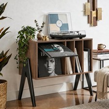 Mid Century Modern Record Player Stand with Vinyl Storage, Black Walnut
