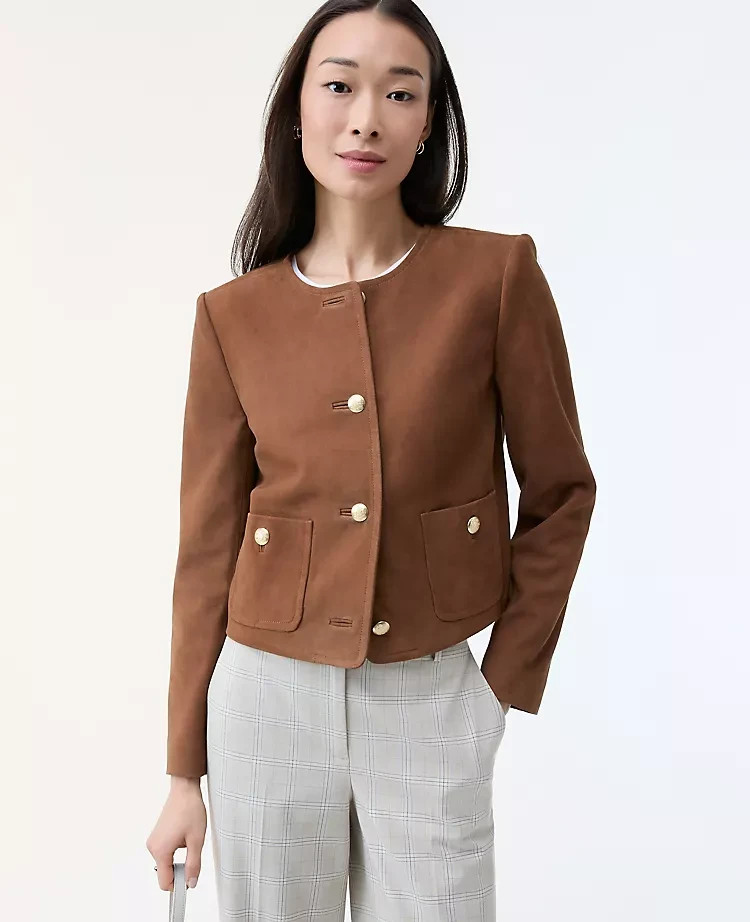 Ann Taylor The Crew Neck Jacket in Rich Umber Suede Size 4 NWT $449 RETAIL