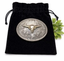 Western Longhorn Belt Buckle Silver Tone Floral Engraved Oval Cowboy Small
