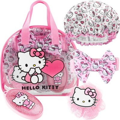 Hello Kitty Kulturtasche Damen Set, 5-TLG, Duschhaube, Haarband, Haarbürste 