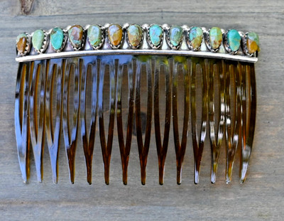 New Navajo by D Benally Hair comb beret Sterling & 13 Mojave Turquoise  3 inch