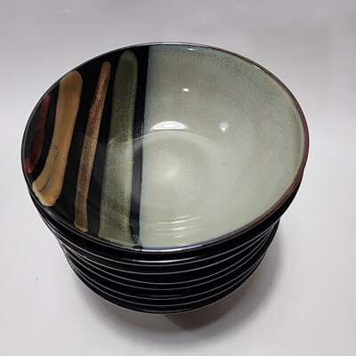 Set Of Sango Avanti Black Soup Cereal Bowls Brown Sand Stripes Dishes  4721
