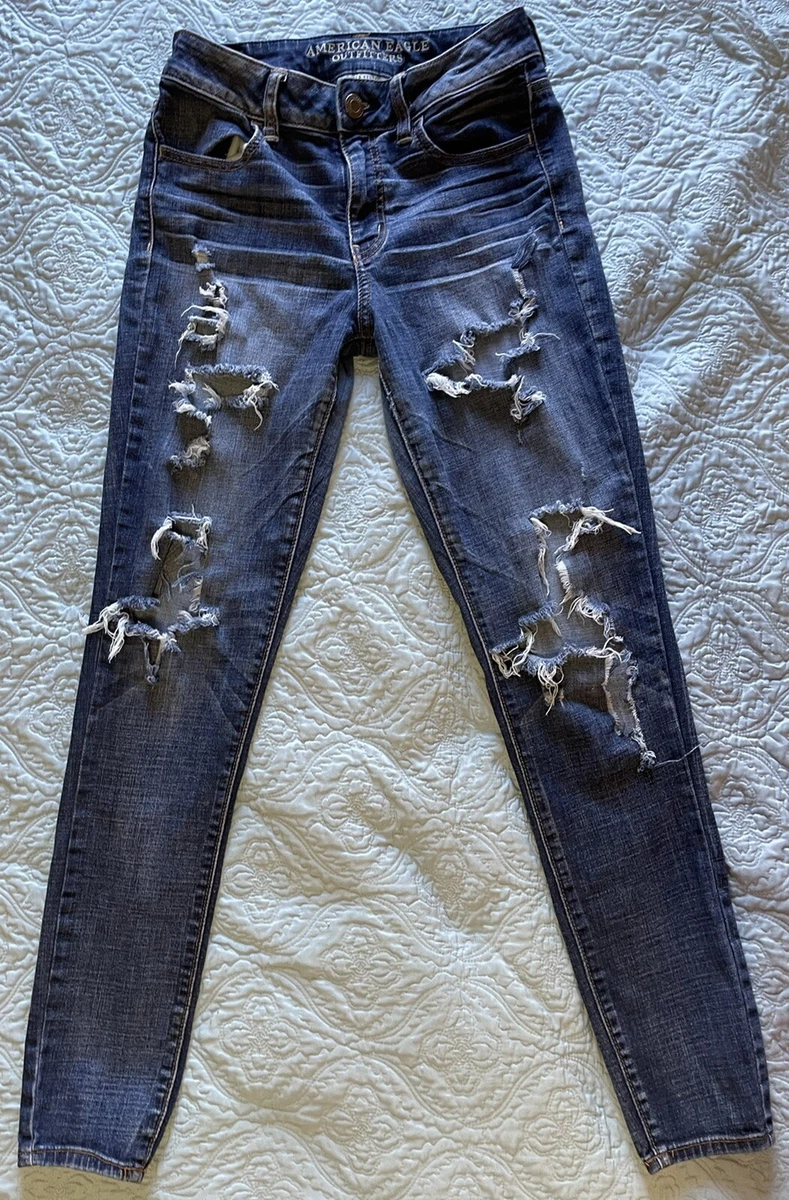 American Eagle Size 4 Super Stretch Hi Rise Jegging Distressed Skinny Blue Jeans