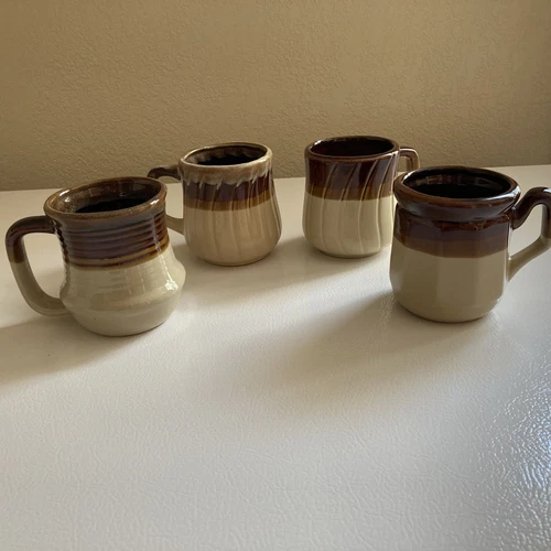 VTG Very Nice Lot of 4 Coffee Mug D Handle Pottery Brown Drip Glaze Tri-Color