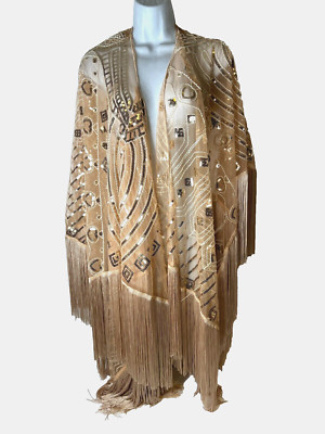 Babeyond Beige Wrap Scarf Flapper Fringe Shawl Embroidered Sequin One Size NWT