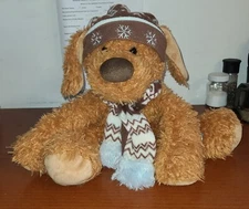 Brown Puppy Dog Plush Winter Snowflake Knit Hat Scarf 14" Hug Fun Intl Toy