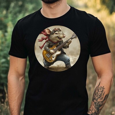 Mens Rat Guitar Print Cotton T-Shirt Size XS to 5XL