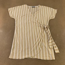 ASOS Design Women's Size 8 Taupe Cream Striped Short Sleeve Wrap Dress New