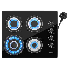 60cm Gas Hob 4 Burners Black Glass Built in Gas Cooktop Cast Iron Support NG/LPG
