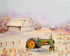 John Deere Tractor By Delilah 8x10  Oil Painting Original Farm Winter Corn Field