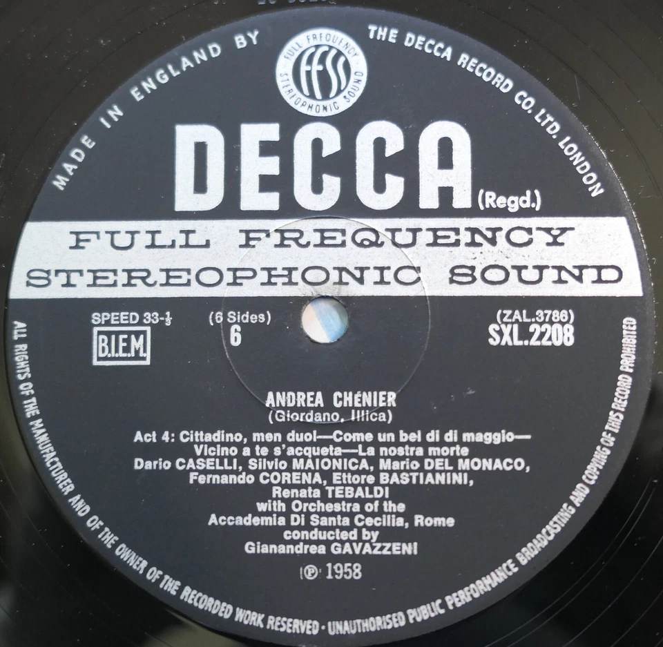 SXL 2208/10 WB Giordano Andrea Chenier Del Monaco Tebaldi 3LP Decca ED3 Box Set - Image 3 of 4