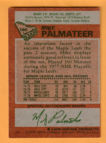 Mike Palmateer Toronto Maple Leafs 1978-79 Topps #160 12F - Imagen 2 de 2