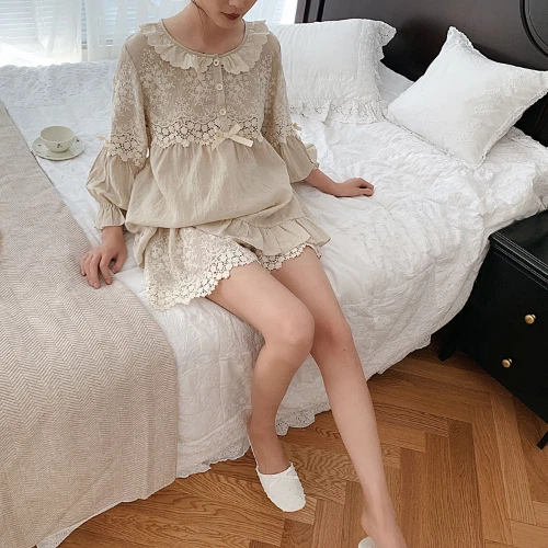Women's Flower Embroidery Linen Pajama Summer Sets Tops+Shorts.Vintage Ladies - Picture 4 of 16