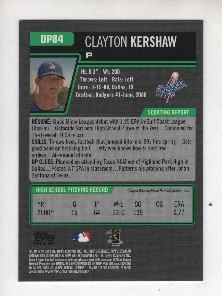 Clayton Kershaw 2013 Bowman Chrome Sapphire Refractor Reprint #DP84 - Image 2 of 2