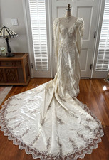 VTG 80's 90's White Satin Embelished Pearl Sequin Wedding Dress 10 Victorian
