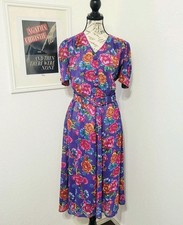 Vintage Floral Belted Day Dress 80s 90s Purple Size Medium Crepe Georgette