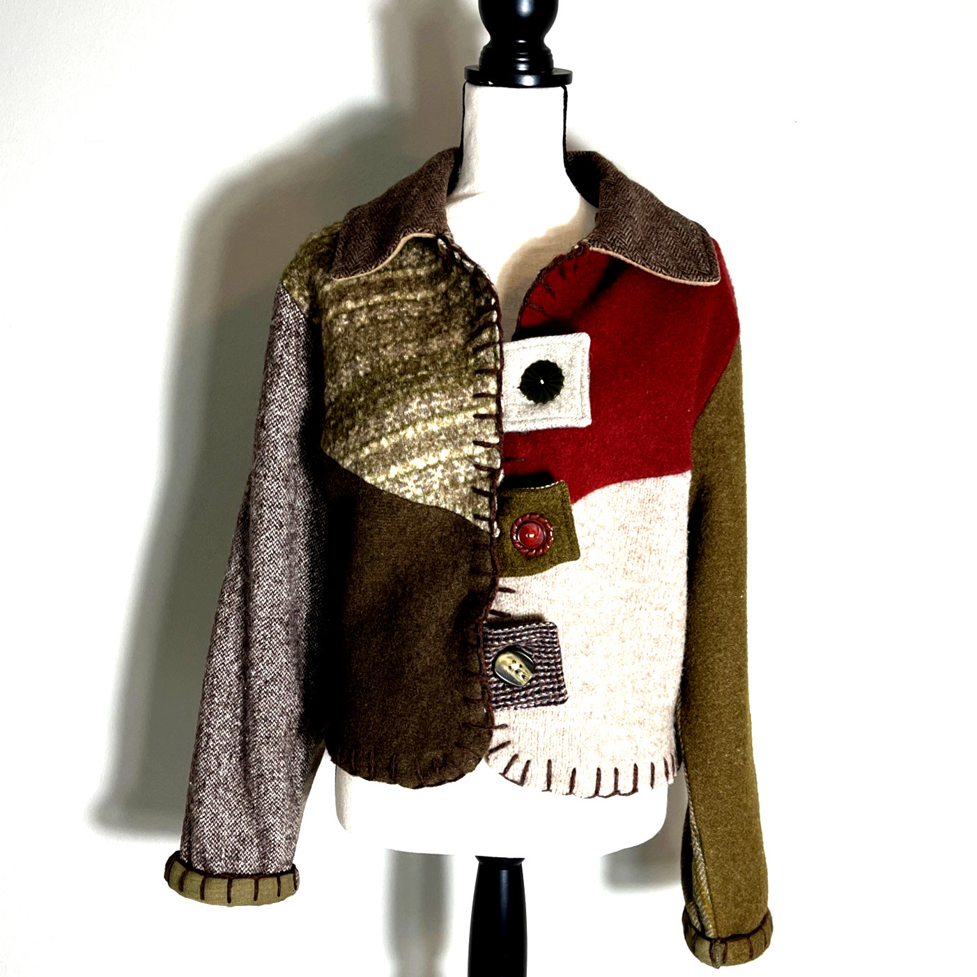 baabaazuzu Women's Upcycled Vintage Wool Cardigan Jacket Patchwork USA Medium