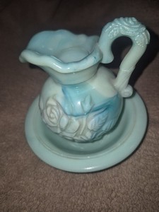 Avon Bath Oil Perfume Bottle Vintage Turquoise Blue Green Milk Glass Pitcher
